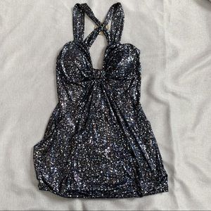 Taboo Metallic Strappy Shiny Mini Dress - Size: XL